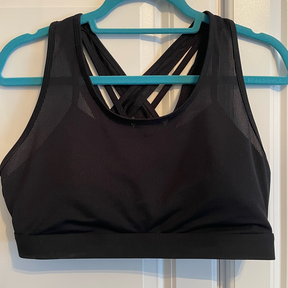Fabletics Black Strappy Mesh Sports Bra - size L Large